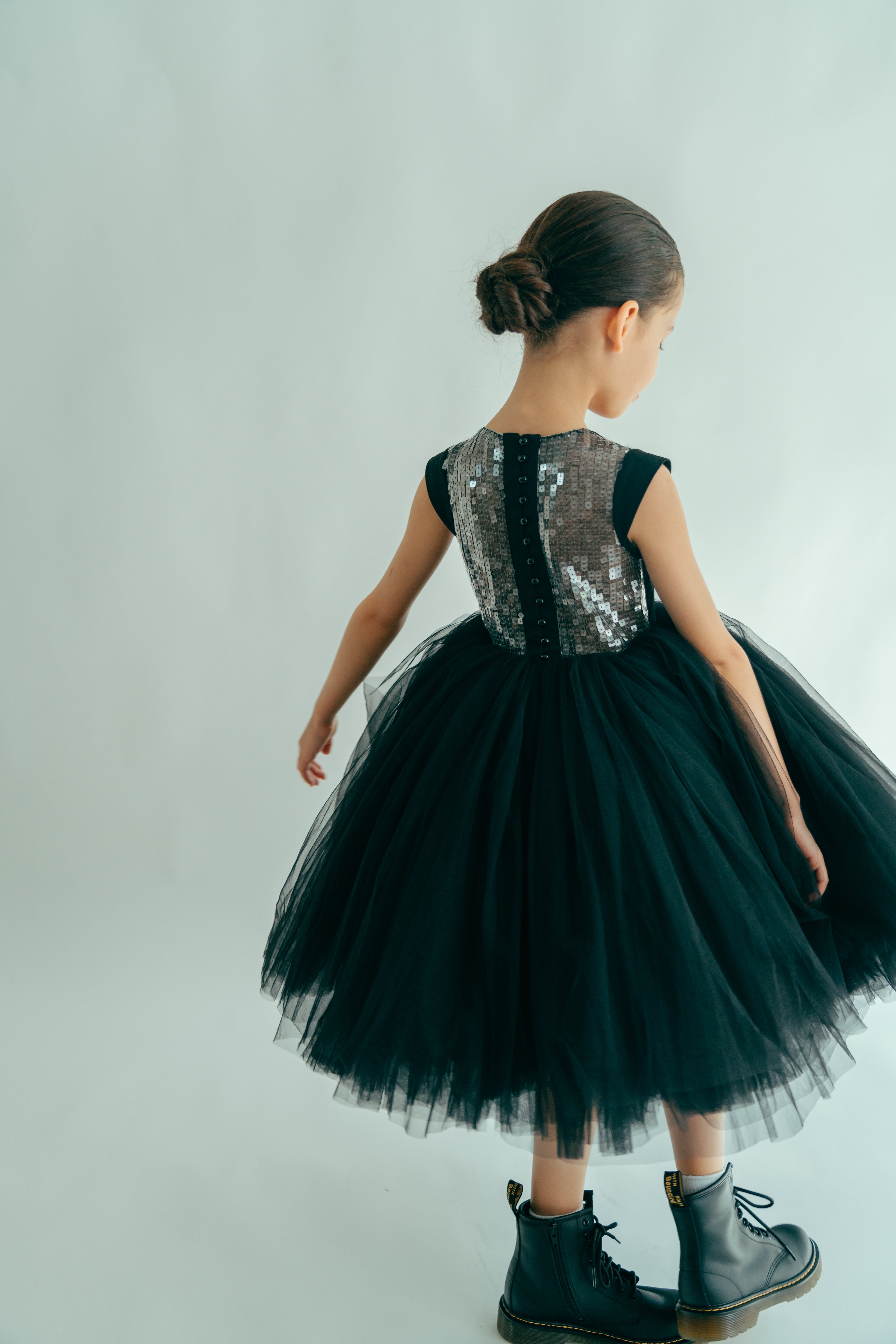 The Julia Dress with silver sequins, balck pearl buttons and voluminous tulle layers