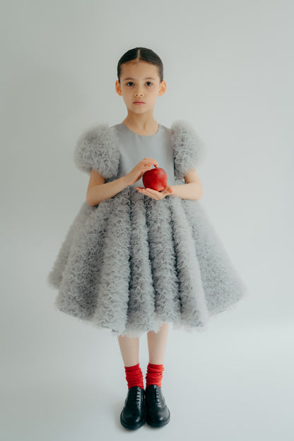 Young girl wearing a frilly grey dress holding a red apple